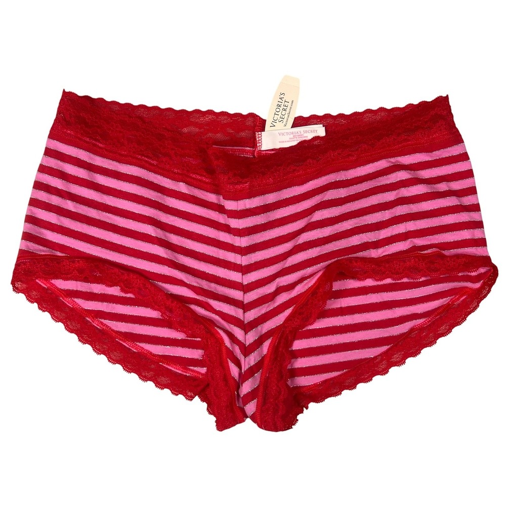 VTG Victoria's Secret Boy Short Panties L Red Pink Striped NWT Lace Trim